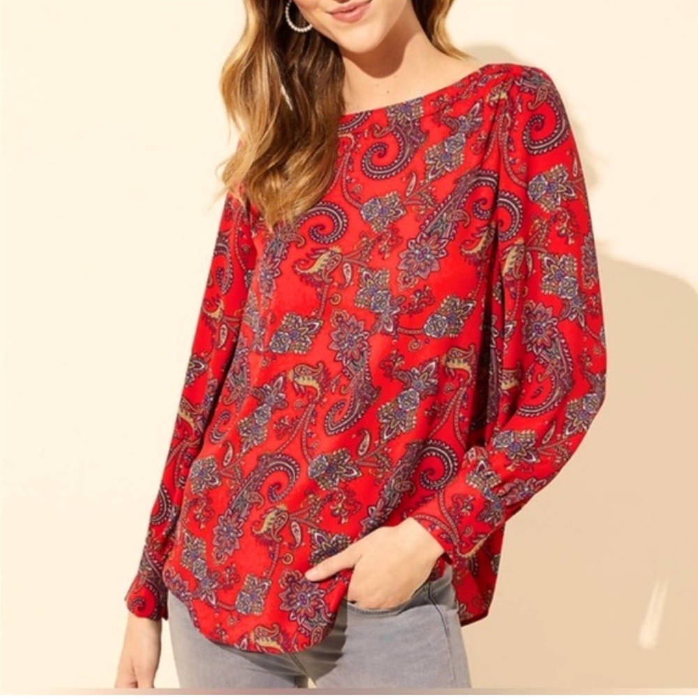 LOFT BOAT NECK PAISLEY PULLOVER TOP (128)